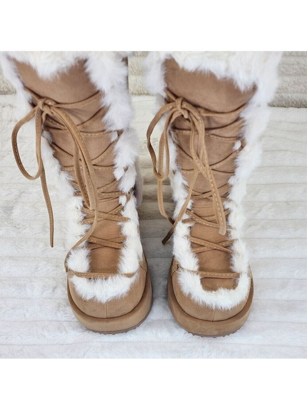 NIB DEMONIA Cubby 311 Stomper Tan Mammoth Platform Goth Punk Knee Boots NY - Picture 6 of 11